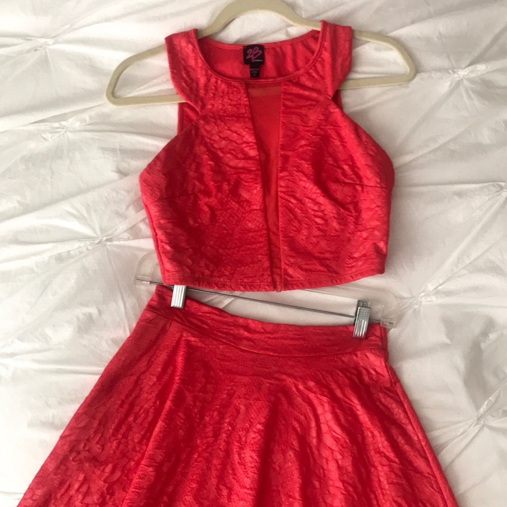 Orange BEBE Crop Top & Skater Skirt